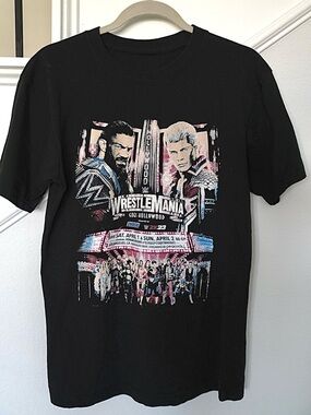 WWE Black WrestleMania Graphic Tee with Multicolor Marquee Art